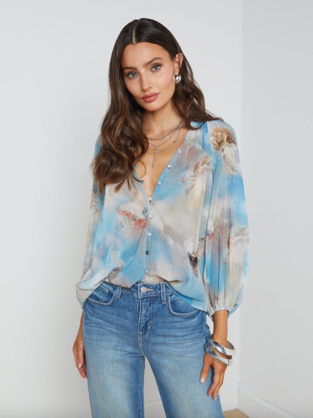 L'AGENCE Teagan Renaissance Cloud Print Blouse, XS, NWT, Blouson Celestial Angel